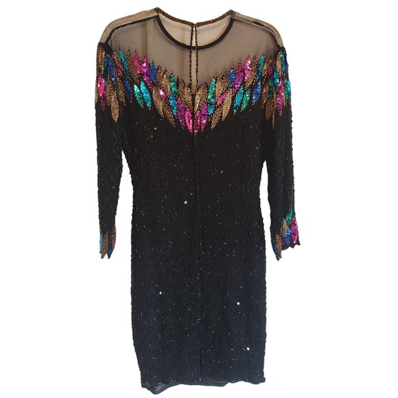 Black Sequined Evening Dress Size 6 Creative Creations Knee Length Colorful - Picture 5 of 7